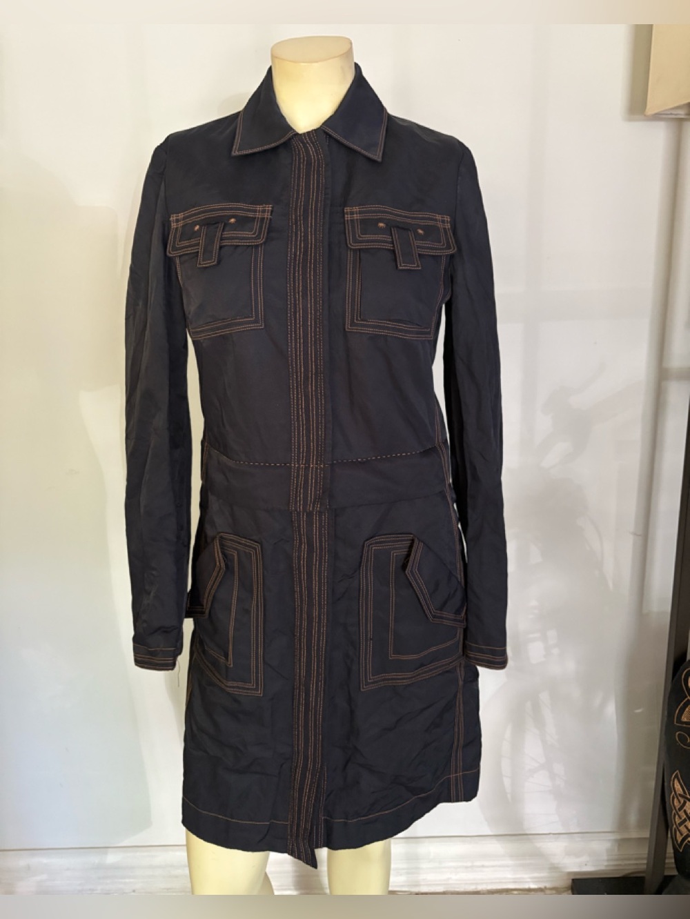 Etcetera Dark Navy Blue Dress with Contrasting Tan Stitching Size 2